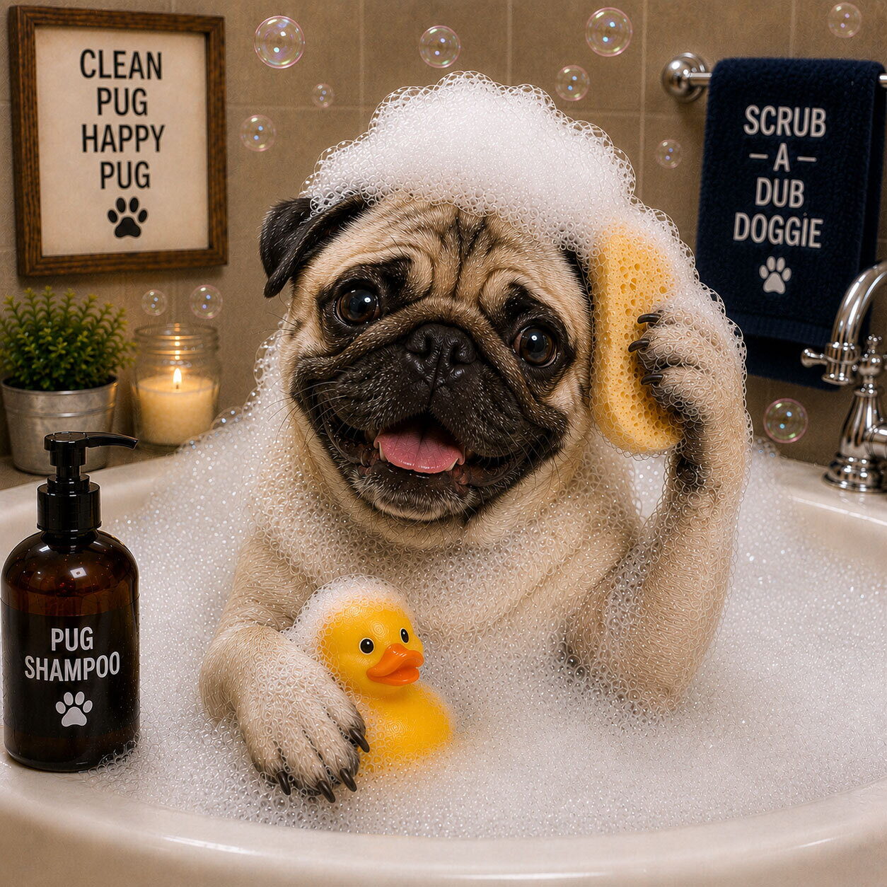 Pug Tan & Black Bubble Bath with Rubber Duck