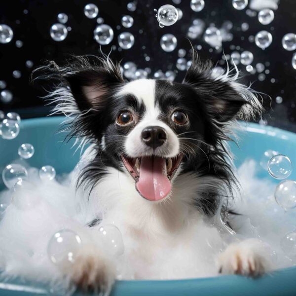 Black & White Long Haired Chihuahua Bubble Bath