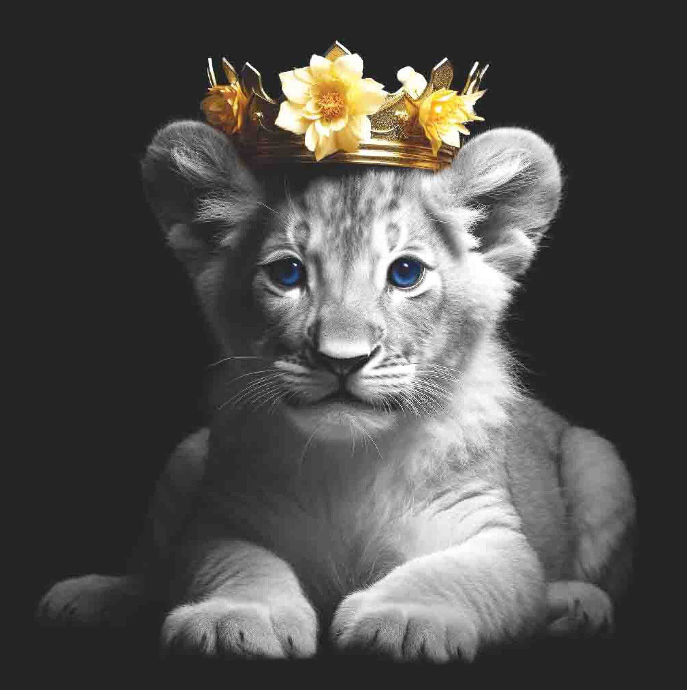 Lion Cub Girl Flowers Crown BnW
