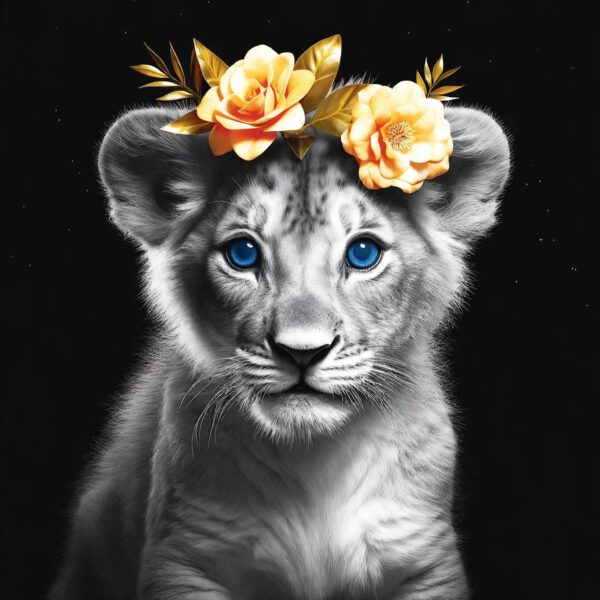 Lion Cub Girl Flowers BnW