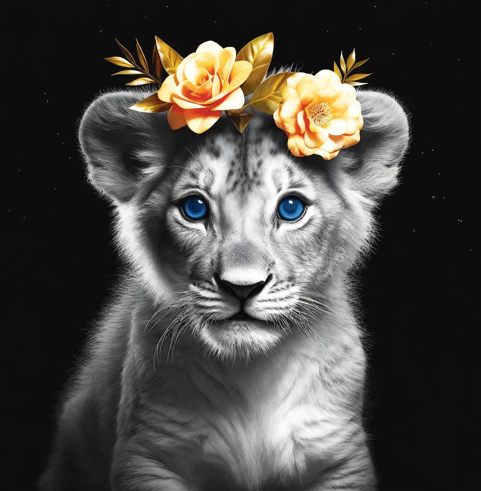 Lion Cub Girl Flowers BnW
