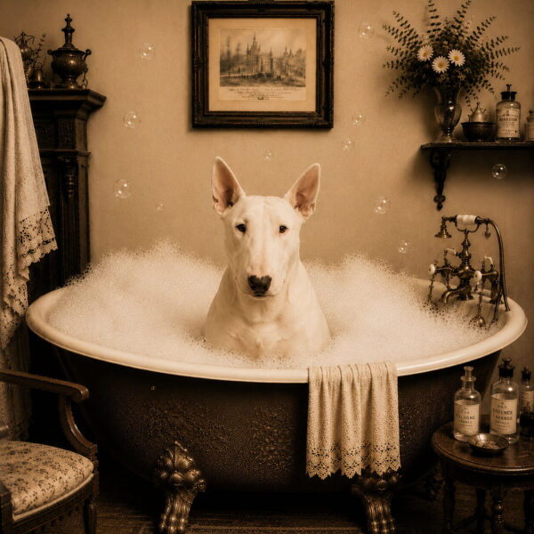 Sepia Bathtime English Bull Terrier