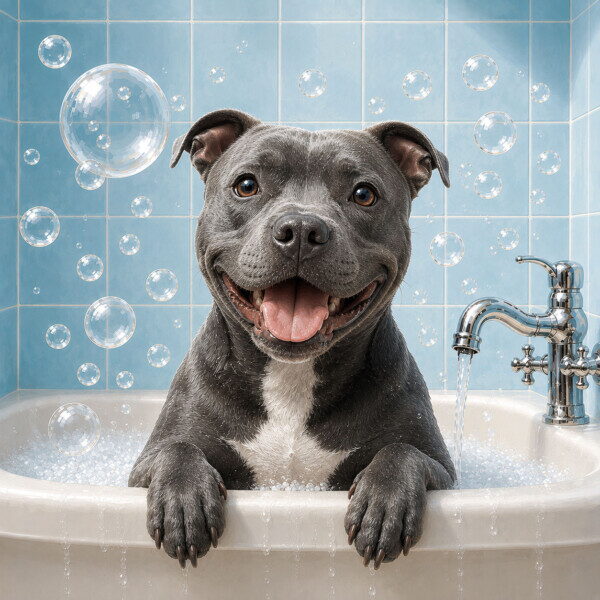 Staffy Blue in the Bath