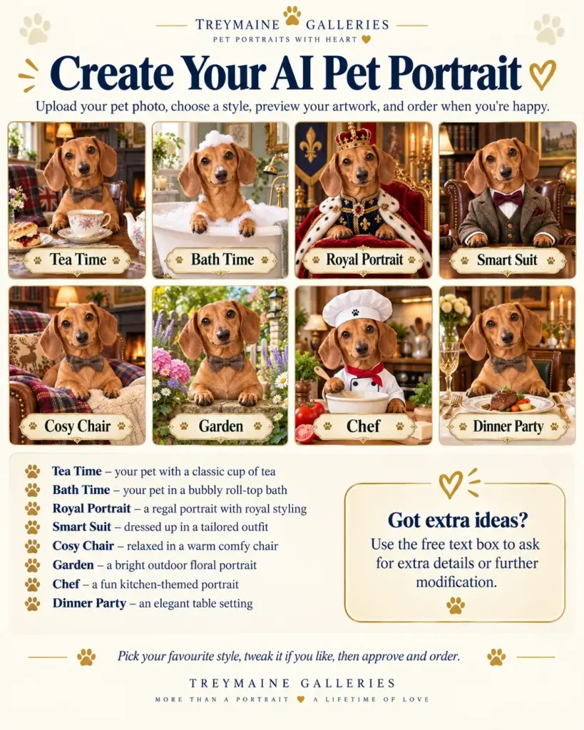 Examples of Treymaine Galleries AI pet portraits